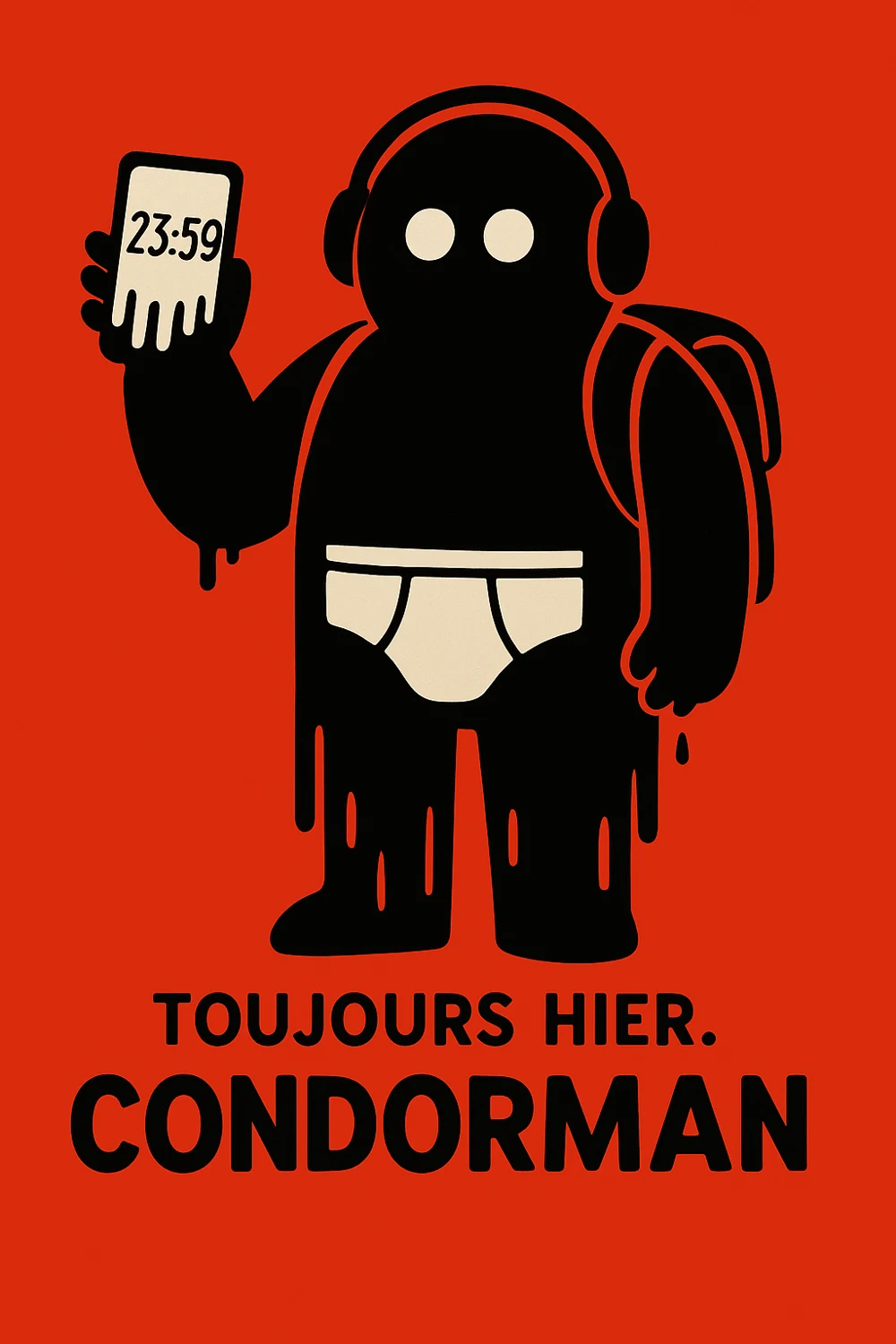 Condorman sur fond rouge, téléphone affichant 23:59.