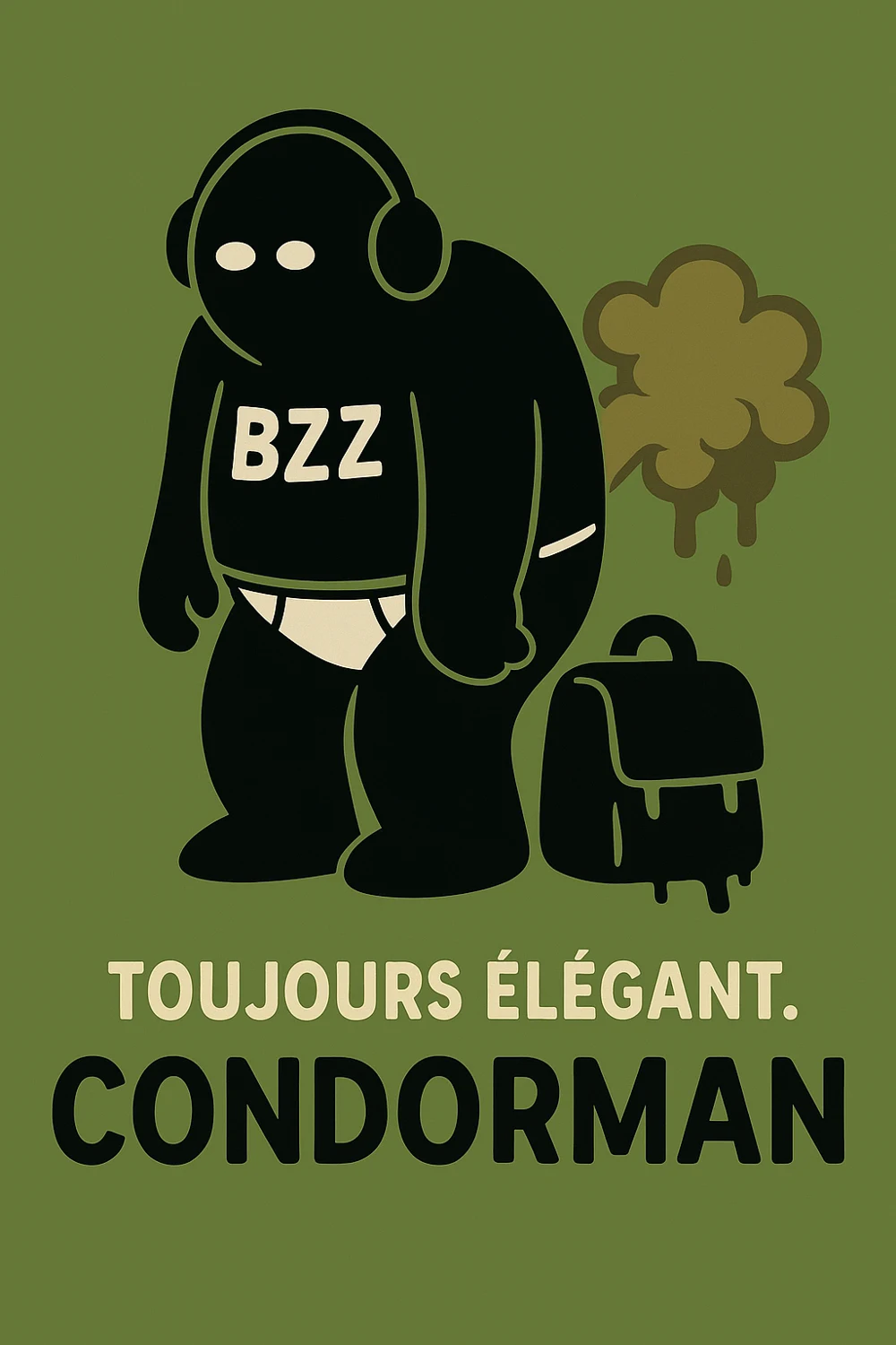 Condorman voûté sur fond vert, avec un sac au sol.
