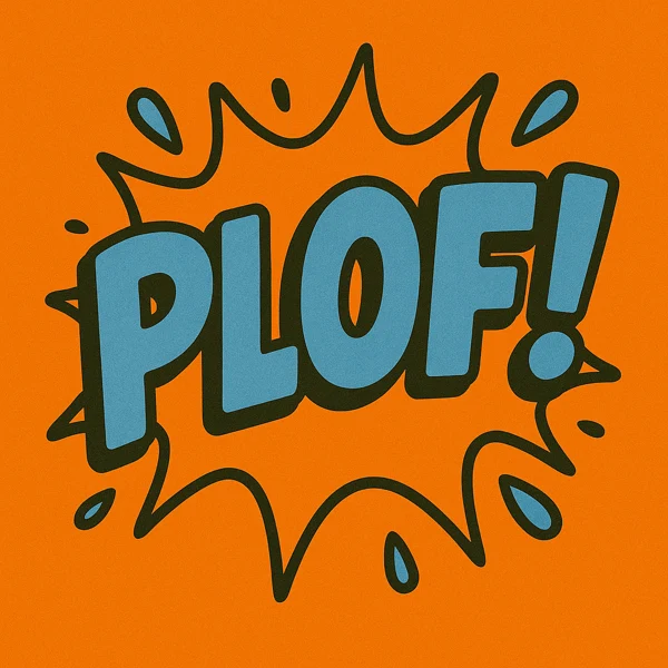 PLOF! sur fond orange.