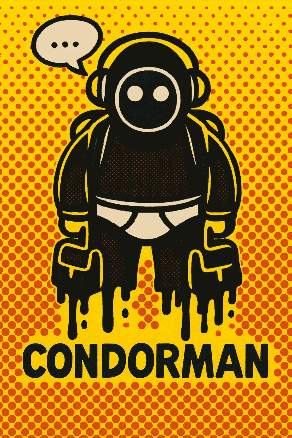 Version pop art de Condorman, silhouette noire sur trame jaune et rouge.